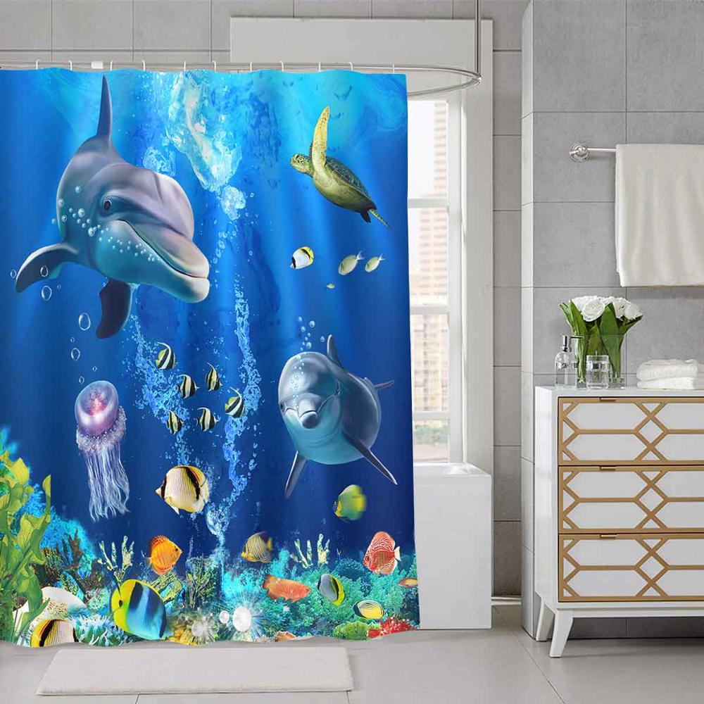 3D Ocean Dolphin Waterproof Fabric Bathroom Curtain Jellyfish sea ...