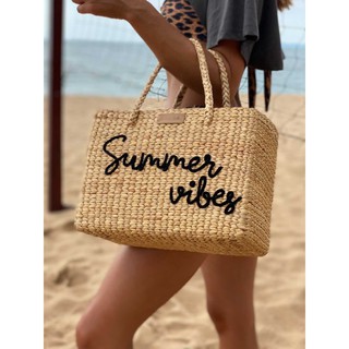 Beach bag กระเป๋าสานทรงเหลี่ยมปักชื่อฟรี picnic basket Size L