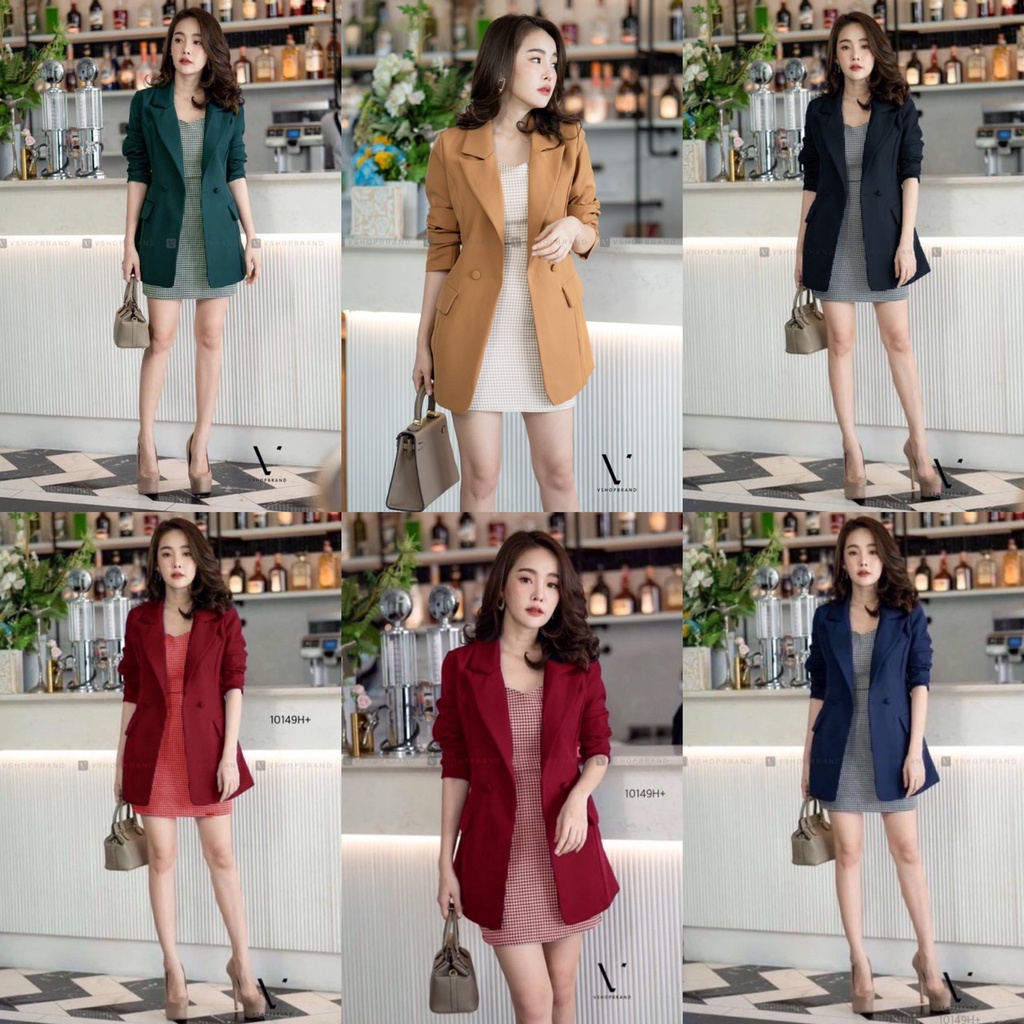 TwinsShopVip พร้อมส่ง TW10149 set เสื้อสูทแขนยาว + เสื้อครอปสายเดี่ยวลายสก็อต + กระโปรงทรง A