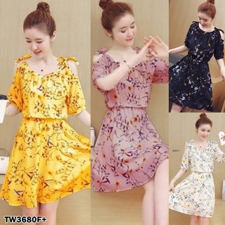 J3680 Dress มินิเดรส ลายดอกไม้ แขนบอลลูน ผูกเชือกไหล่ Mini dress, floral print, balloon sleeves, shoulder straps