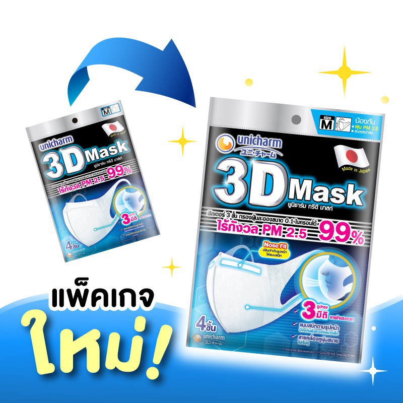 Unicharm 3D Mask ทรีดี มาสก์ หน้ากากอนามัยสำหรับผู้ใหญ่ ขนาด M - 4 ชิ้น *4 แพ็ค