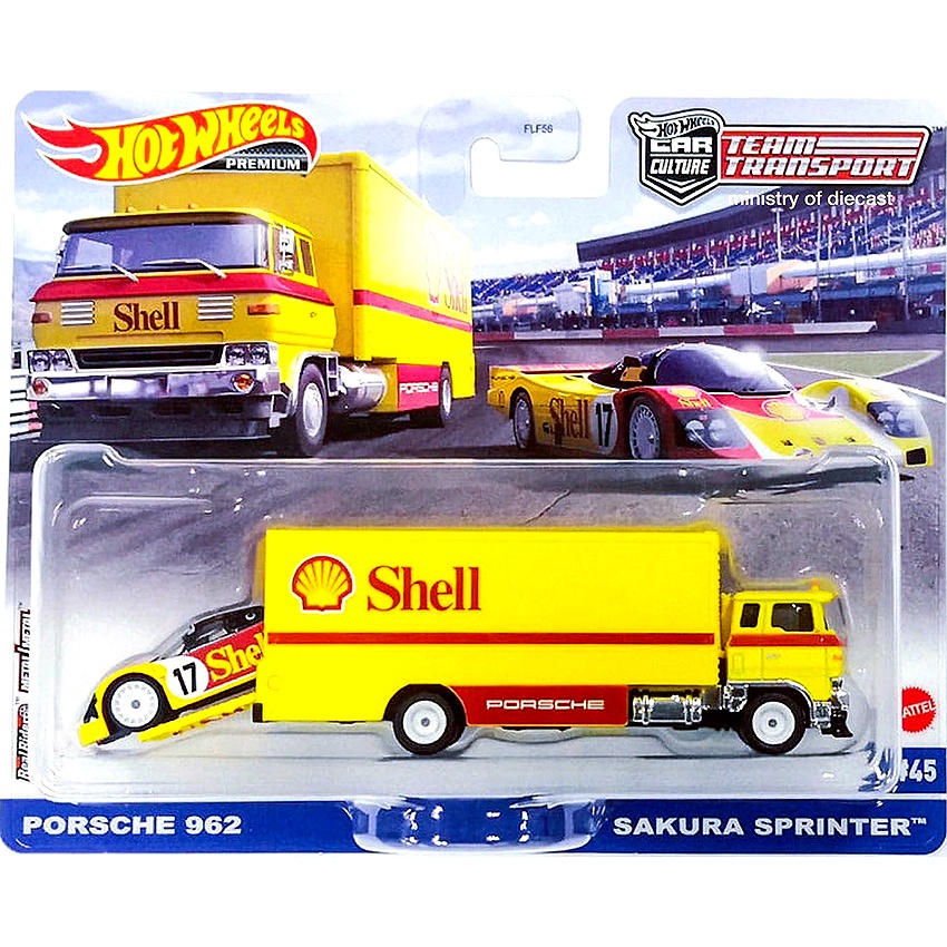 (ล้อยางพรีเมี่ยม) Hot Wheels 1/64 ทีมวัฒนธรรมรถ TRANSPORT PORSCHE 962 SAKURA SPRINTER No.45 Shell