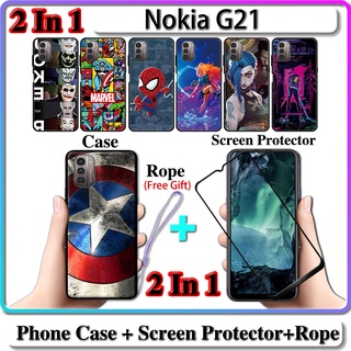 2 IN 1 เคส Nokia G21 พร้อมกระจกนิรภัยกันรอยหน้าจอโค้ง เซรามิค LOL และการออกแบบฮีโร่