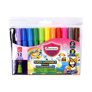 Master Art ปากกา ปากกาเมจิก ชนิดล้างออกได้ รุ่น MWM 12R แบบหัวเดียว 12 สี สีเสริมพัฒนาการเด็กวัย 3 ขวบขึ้นไป