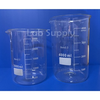 Beaker Low Form บีกเกอร์แก้ว ขนาด 3000 4000 ml. เนื้อแก้ว Borosilicate Glass 3.3, ไม่มียี่ห้อ, (No Brand)