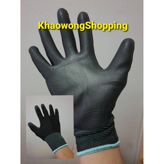 ถุงมือไนล่อนเคลือบ PU  เต็มฝ่ามือ สีดำ ถุงมือโพลีเอสเตอร์ Gloves pu plam fit black (มีสินค้าพร้อมส่ง) size S,M,L