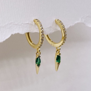 Gold Pavé Huggie Hoops With Emerald Green CZ Crystal Spike 18K Gold Plated Earrings | ต่างหูห่วง เงิน 925 ชุบทอง 18กะรัต