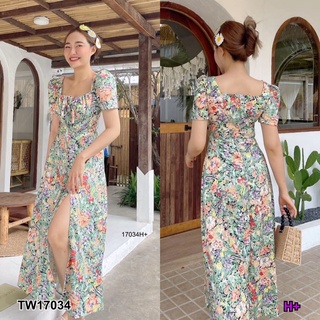 TW17034 Maxi Dress เดรสยาวลายดอกไม้โทนสีเข้ม ขับผิวมากค้า กระโปรงผ่าด้านหน้า ช่วงหน้าอก ซิปหลัง แขนตุ๊กตา เนื้อผ้า100D