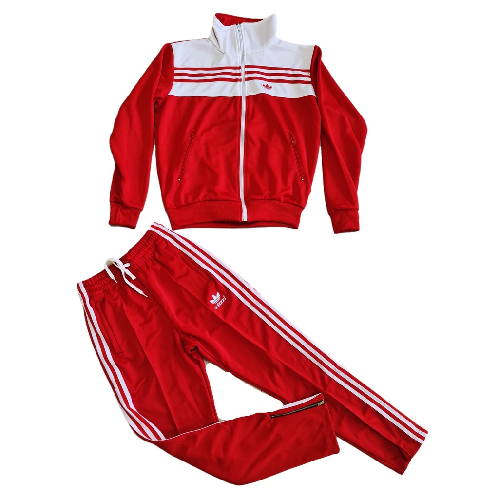 ชุด เสื้อ+กางเกงวอร์ม adidas ขายาว หญิง-ชาย ใส่ได้ ใส่ออกกำลังกายหรือลำลอง สีแดง+ขาว สวยๆ ไซส์.M