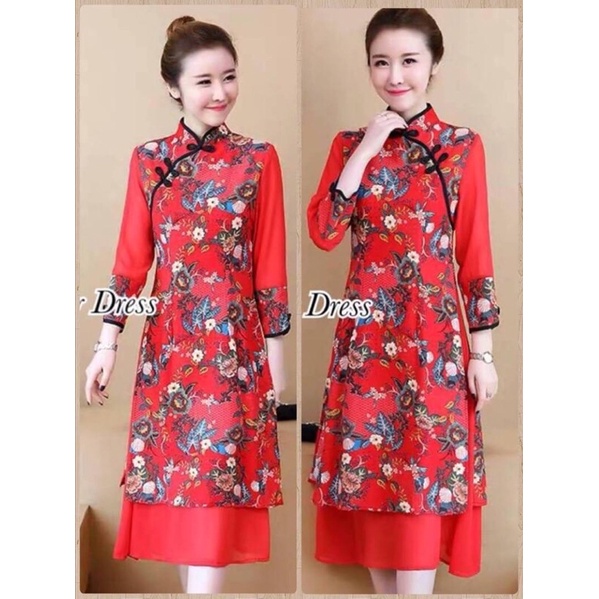 #จำหน่ายชุดตรุษจีน #ChineseNewYear Dress สไตล์กี่เพ้า ผ้าชีฟอง สะโพกปล่อยใส่พริ้วๆ ลายสวย สีสันสดใส ซิบหลัง