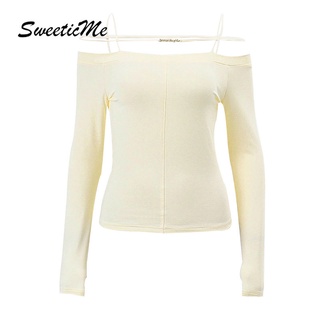 Sweeticme ใหม่ เสื้อยืดลําลอง แขนยาว เปิดไหล่ เข้ารูป สีพื้น เซ็กซี่ แฟชั่นสําหรับสตรี 2022