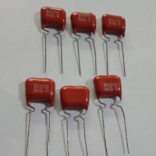 0.068UF 50V 683J 683PF 68NF ไมล่า คาปาซิเตอร์ ญี่ปุ่นสีแดง NISSEIขาห่าง8มิล แท้-ใหม่แพ็ค50ตัว