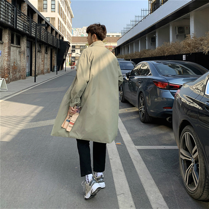 Korean Style Simple Trench Coat Mens Windproof Long Jacket Double Breasted Overcoat Men Autumn Warm Casual Loose Long Tr #4
