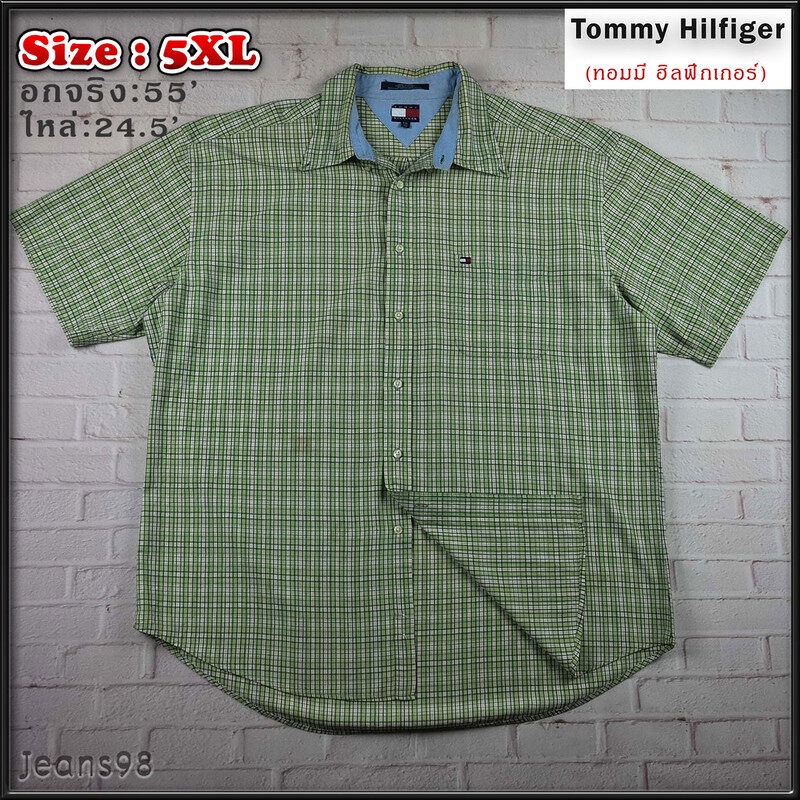 Tommy Hilfiger®แท้ อกจริง 55 ไซส์ 5XL เสื้อเชิ้ตผู้ชาย ทอมมี่ ฮิลฟิกเกอร์ สีเขียว แขนสั้น เนื้อผ้าดี
