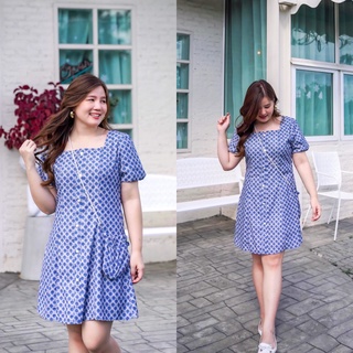 (⚠️อกถึง 44") Embroidered Blue Dress 👋ปัดซ้ายที่รูปเพื่อดูขนาดสินค้า เดรสสาวอวบ ชุดสาวอวบ