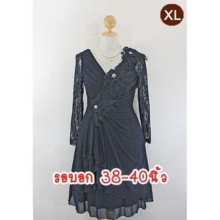 E1925-1-XL-ชุดราตรีคนอ้วน สีดำ ผ้าสแปนเด็กซ์ตาข่ายยืดและผ้าลูกไม้ยืด คอแหลม แขนยาวผ้าลูกไม้ยืดซีทรู