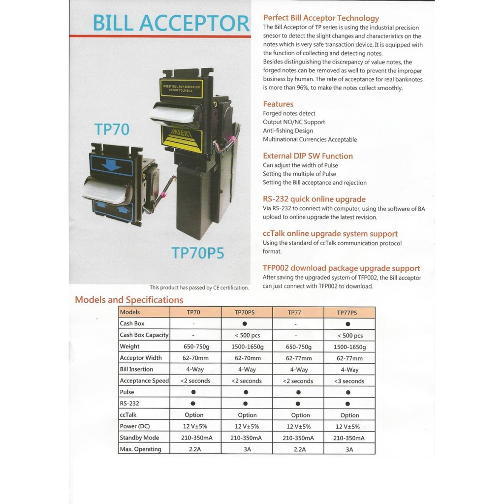 TP77PB Bill Acceptor รุ่น TOP สุดมี ccTalk เครื่องรับธนบัตร รองรับการเชื่อมต่อแบบ Pulse / RS-232 / C