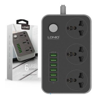 LDNIO ปลั๊กไฟ ปลั๊กพ่วง 6 USB 3 ช่อง กันไฟกระชาก Charging Station 6-Port USB Auto 3.4A, 3-Power Socket Points