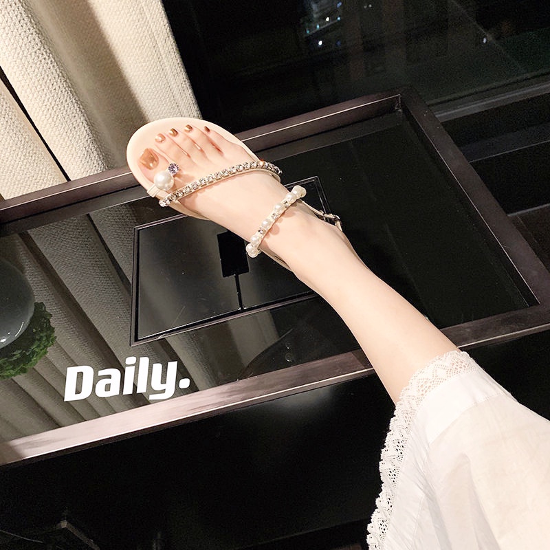 Roman Rhinestone Sandals New Flat Sandals with Skirt Roman Sandals/Pearl Sandals