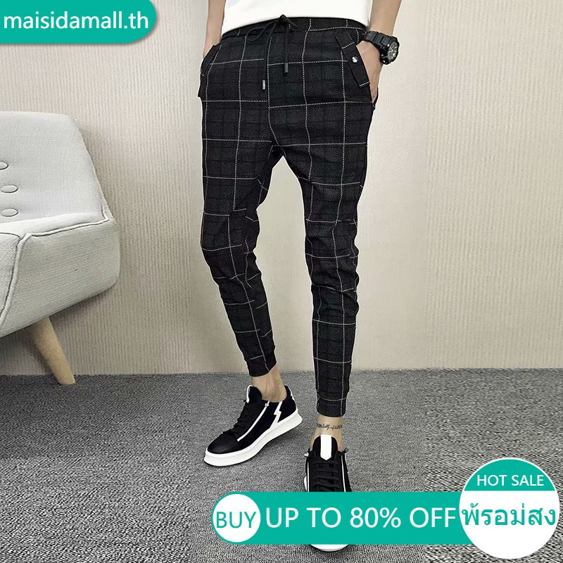 ส่งไวจากไทย maisidamall กางเกงขายาว ลายสก๊อต ลำลอง กางเกงจ็อกเกอร์ กางเกงขายาวลำลอง แฟชั่นสำหรับผู้ชาย Jogger Pants:Black,M