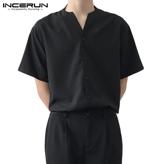 Incerun เสื้อเชิ้ตแขนสั้นคอวีติดกระดุม