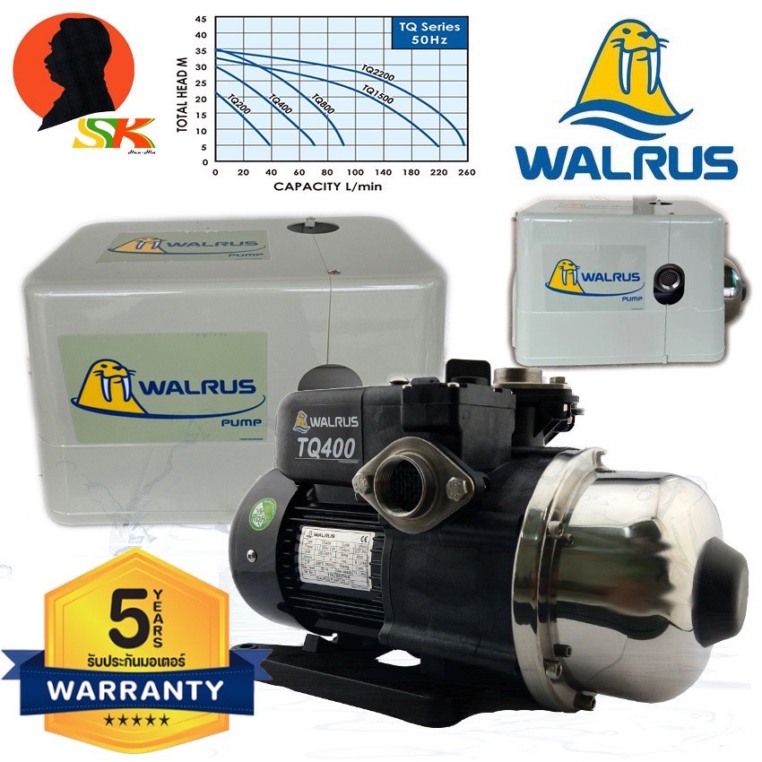 ปั้มน้ำอัตโนมัติ แรงดันคงที่ WALRUS รุ่นTQ-C มีกำลังให้เลือก 400w TQ400 ขนาดเข้า/ออก 1นิ้ว (รับประกั