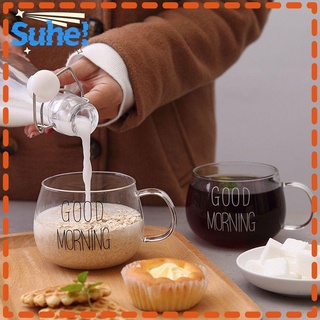 SUHE Drinkware Clear Mug Cup Transparent with Handle Milk Coffee Glass Breakfast Empty Round Letter Printing Tea Juice Good Morning