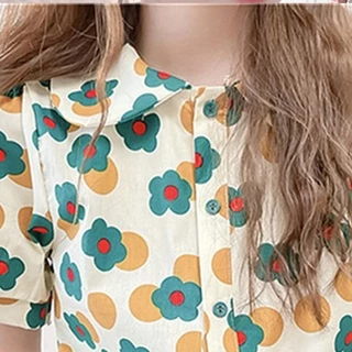 เสื้อเชิ้ตแขนสั้นลายดอกไม้ย้อนยุคใหม่สำหรับผู้หญิง เนื้อผ้าใส่สบาย เสื้อ สงกรานต์ ผู้หญิง