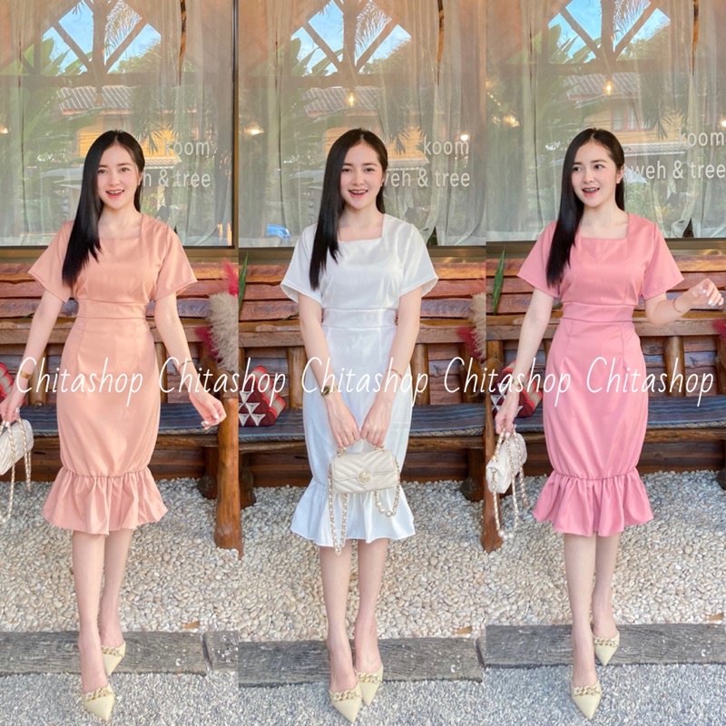 CHITASH♡︎P-RHP ชุดเดรสหางปลา เรียบร้อย ดูดี ใส่ออกงาน ใส่ทำงาน ผ้าซาร่า