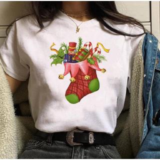 Womens Gift Print Short Sleeve Clothes Merry Christmas Woman T-shirt Female Kawaii T Tee  Topsเสื้อยืดสวยๆ