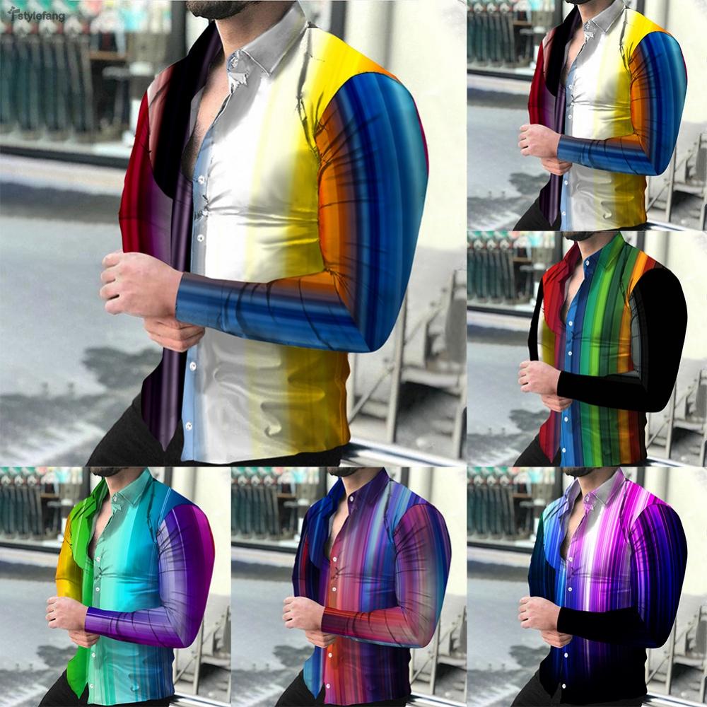 STYLEF-~Button Down Colorful Stripe Shirt Mens Baroque Party Long Sleeve T Vintage Dress-【STYLEF-Fashion】 #1
