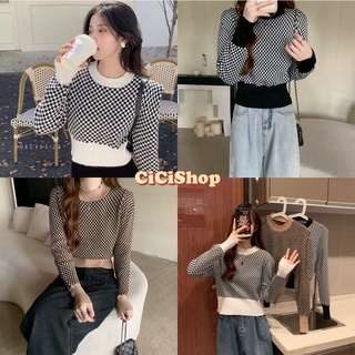 Cicishop(10037)เสื้อแขนยาวไหมพรมknit ทอลายตารางเล็กแบบฮิปสเตอร์ สไตล์โคเรีย