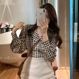 เสื้อเชิ้ตแขนยาว คอตุ๊กตา ลายตารางเวลา แฟชั่นฤดูใบไม้ร่วง และฤดูหนาว สไตล์ฮ่องกงเรโทร สําหรับผู้หญิง