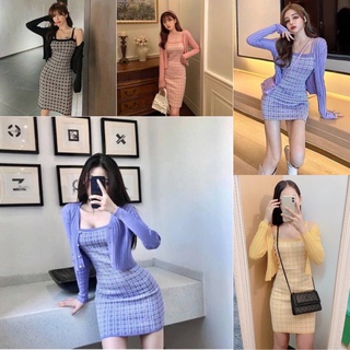 🌈MesubShop🌈  เดรสสายเดี่ยวสก็อต ผ้าไหมพรม + เสื้อคลุมเข้าเซต ชุดเซต เดรส มาเป็นคู่CUTE COOL Set สก็อต แม่ลูกสก็อต i103a