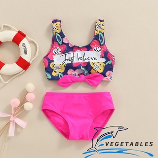 ZHY-Girl´s Two Pieces Swimwear Suit, Letter Floral Print Front Twist Knot Vest Tops with Underpants