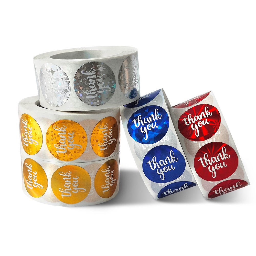 พื้นโฮโลแกรม ลายวิบวับ สติกเกอร์ Thank you ขนาด 1 นิ้ว 500ดวง