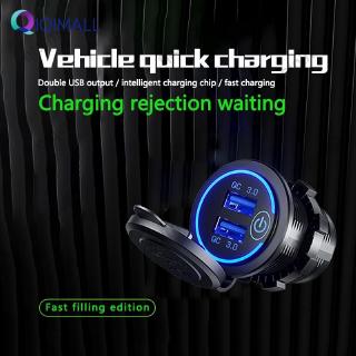 COD/In stock Quick Charge 3.0 USB Car Charger Socket 12V/24V 36W Dual QC3.0 USB Fast Charger Socket Power Outlet with LED Voltmeter QQmall