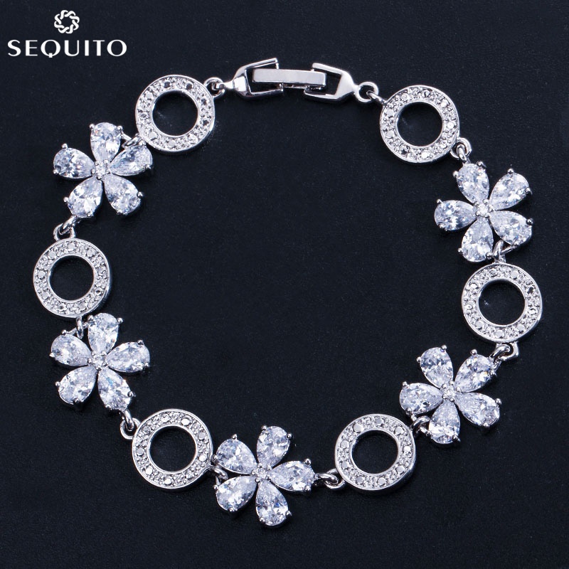 SEQUITO Elegant ผู้หญิง Prom Party Charm เครื่องประดับชุบเงินดอกไม้กลมใหญ่สีขาว AAA CZ คริสตัลสร้อยข้อมือแฟชั่น B164