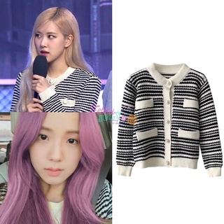 Preorder เสื้อไหมพรมแขนยาวลายทางแบบจีซู โรเซ่ Jisoo Rosé Blackpink