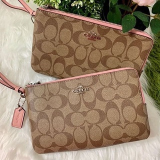 ของแท้ COACH F16109 DOUBLE ZIP WALLET IN SIGNATURE COATED CANVAS SV/KHAKI BLUSH Purse Bag