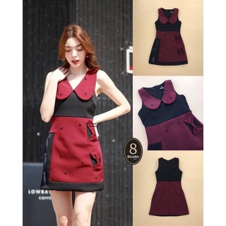 พร้อมส่ง minidress ใส่วันคริสต์มาส สีแดงไวน์ คอบัว แขนกุด คัตติ้งสีดำช่วงอก และชายกระโปรง แต่งโบว์ และคริสตัลสีดำ ไซส์ M