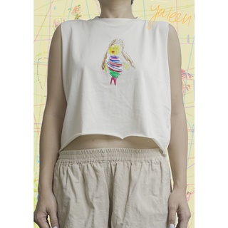 เสื้อยืด Croptop เสื้อครอปแขนกุด ผ้าฝ้าย Cotton 100% สีผ้าดิบไม่ย้อมสี ลาย A Little Prince minimal จากจินตนาการเด็ก