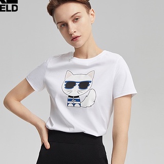 เสื้อทหาร - KARL LAGERFELD 2022 ฤดูร้อนสไตล์ใหม่เสื้อยืดแขนสั้นสีขาว Galeries Lafayette โลโก้พิมพ์ผ