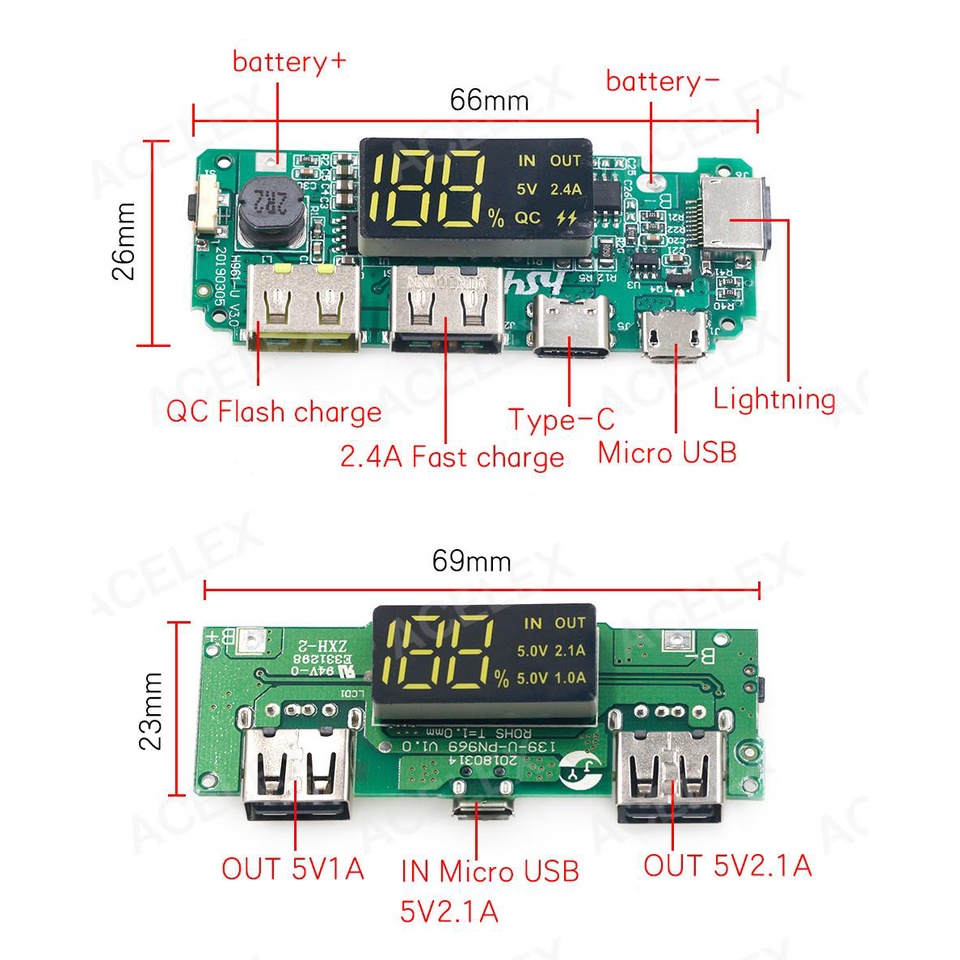 บอร์ดโมดูลเครื่องชาร์จ LED USB คู่ 5V 2.4A 2A 1A Micro/Type-C USB LED Dual USB 5V 2.4A 2A 1A แบตสำรองมือถือ 18650