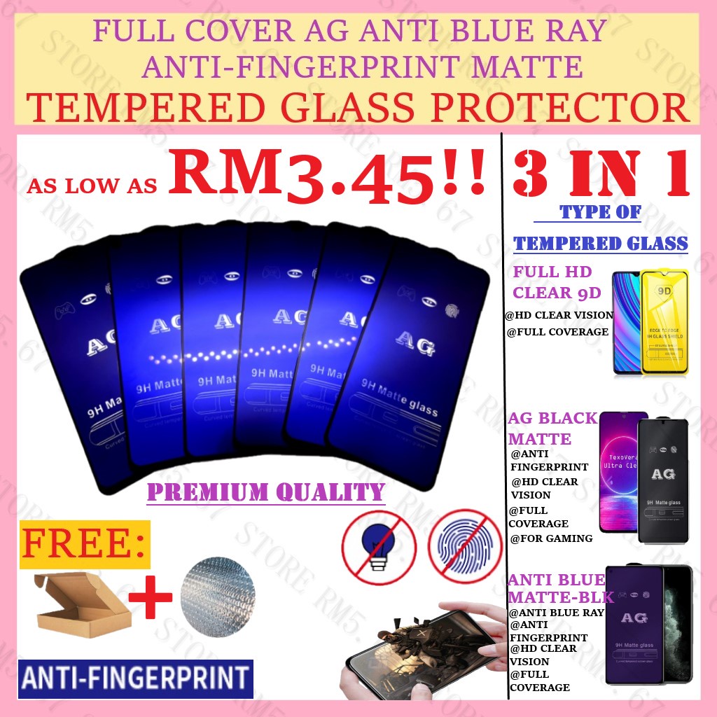 Oppo RENO 6 6Z 5 4 3 2 2F R17 R15 F3 F11 A57 A83 A91 A1K A77 Full HD TEMPERED GLASS Anti Blue Matte