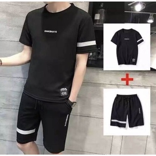 เสื้อผู้ชาย+กางเกงผู้ชายผู้ชาย ขาสั้น ผ้าเบา ไม่หด ไม่ย้วย เสื้อยืดคอกลมสีพื้น