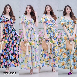 17359 แม็กซี่เดรสห่วงอก ลายดอกทิวลิป ผูกเอว Maxi dress, chest loop, tulip pattern, waist tie