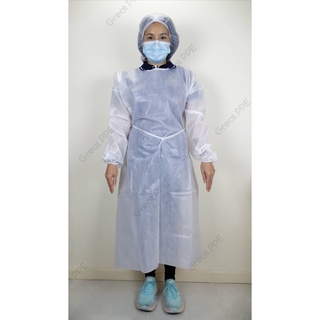 &gt;&gt;พร้อมส่ง!!&lt;&lt; Isolation Gown PE ชุดกาวน์ใยสังเคราะห์ ชนิดเคลือบ PE Laminate หนา 35 แกรม แบบใช้แล้วทิ้ง สีขาว ขนาฟรีไซส์