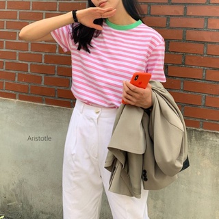 MAY​ เสื้อยืดผู้หญิง คอกลม ผ้าคอทตอล​ผสม​ ลายทางขาวชมพู CARDIGAN_NISTA