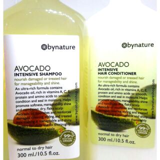 แชมพูและครีมนวดผมอโวคาโด ฟื้นฟูผมแห้งเสียแตกปลาย bynature Avocado Intensive Shampoo and Conditioner 300 มล. × 2